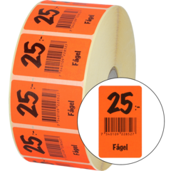 915440 Etikett Fågel 25:- 30x50mm flour röd