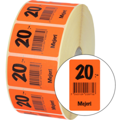 915456 Etikett Mejeri 20:- 30x50mm flour röd