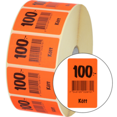 915446 Etikett Kött 100:- 30x50mm flour röd