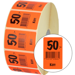 915450 Etikett Kött 50:- 30x50mm flour röd