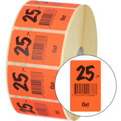 915463 Etikett Ost 25:- 30x50mm flour röd