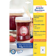 AN5081 Etikett Avtagbar Vit Ø65mm Avery 5081