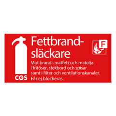 607053 Brandskilt Fedtbrandslukker CGS rød/hvid vinyl 10x20cm