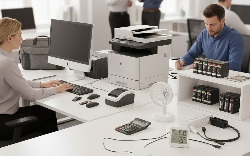 En dynamisk bild av ett ljust och modernt kontorslandskap under arbetsdagen, som visar Tingstads breda utbud av elektronik och tillbehör för företag. I förgrunden sitter en kvinna vid en stor, vit skrivbordsyta och arbetar vid en dator. På bordet visas et Översiktsbild av en kontorsarbetsplats med en kvinna som arbetar vid en dator, omgiven av kontorselektronik som skrivare, fläkt, USB-hub, miniräknare, datortillbehör, bläcktoner och GP ReCyko-batterier.