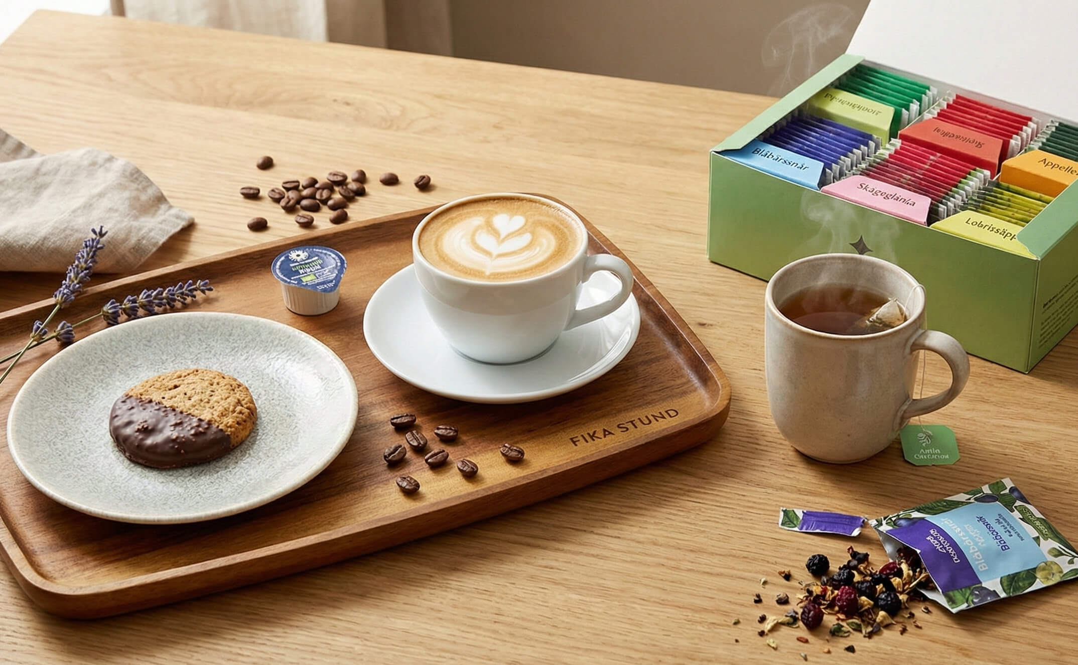 Skapa en komplett och trivsam fikamiljö med kaffe, te och goda tillbehör – perfekt för kontoret eller kundytan. Cappuccino på bricka tillsammans med chokladdoppad kaka, tepåse i varm mugg och en öppnad ask med sorterade tepåsar på ett träbord.