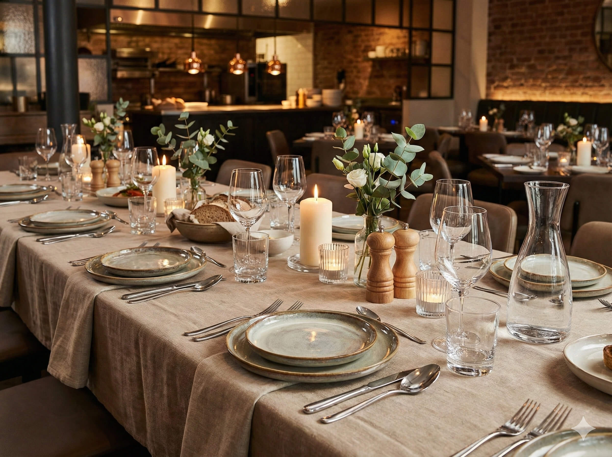 En stämningsfull bild av ett långt matbord som är vackert dukat för en middag i en ombonad restaurang. Bordet är täckt av en grovvävd linneduk i en varm beige ton. Varje kuvert består av staplade tallrikar i en jordnära, rustik keramik, flankerade av klas Elegant dukat långbord i restaurangmiljö med beige linneduk, rustikt keramikporslin, vinglas, bestick och tända ljus, som visar ett komplett sortiment för professionell bordsdukning.