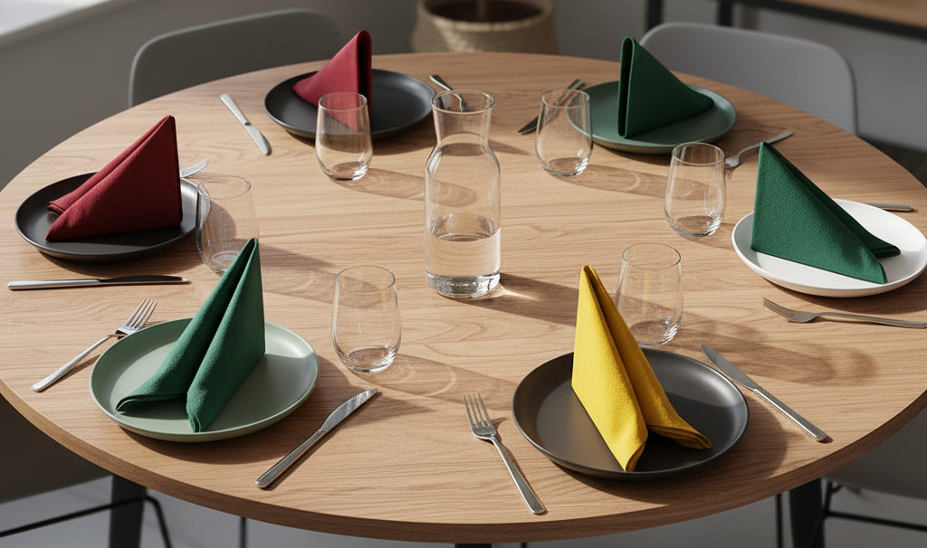 En översiktsbild av ett runt träbord dukat för sex personer. Tallrikar i svart och mörkt grönblått kontrasterar mot servetter i livliga färger: rött, gult och skogsgrönt. Färgpaletten skapar en lekfull och energisk atmosfär. Rundbord dukat med servetter i rött, gult och grönt på svarta och gröna tallrikar