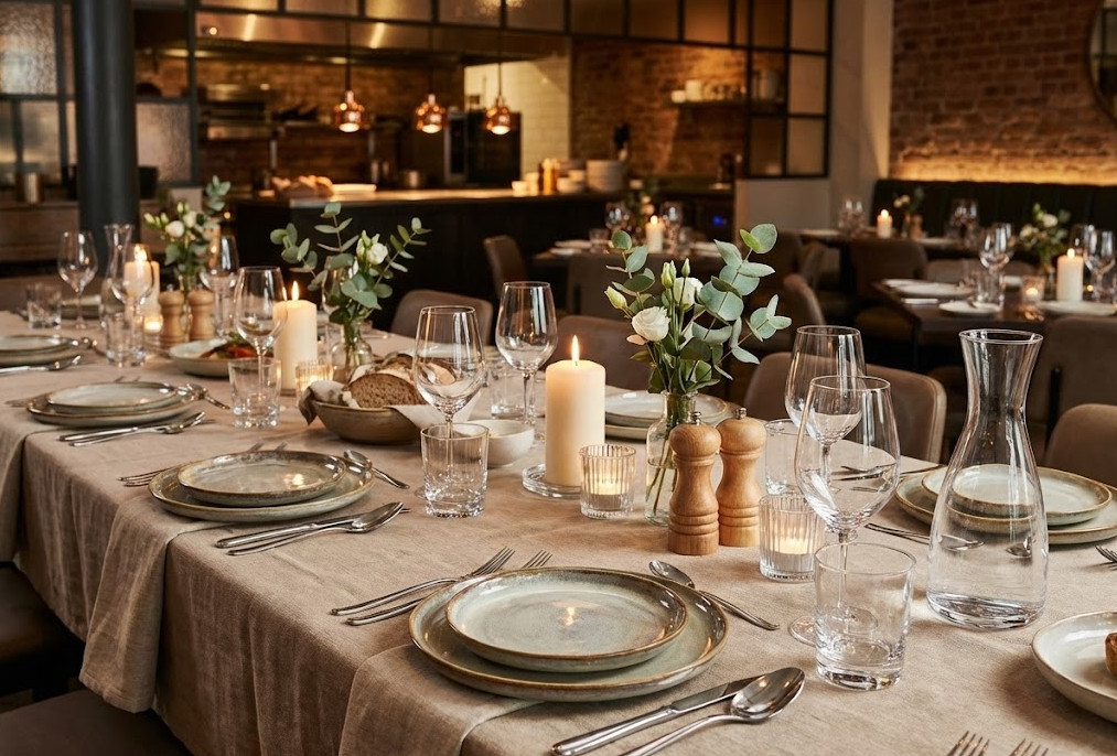 En stämningsfull bild av ett långt matbord som är vackert dukat för en middag i en ombonad restaurang. Bordet är täckt av en grovvävd linneduk i en varm beige ton. Varje kuvert består av staplade tallrikar i en jordnära, rustik keramik, flankerade av klas Elegant dukat långbord i restaurangmiljö med beige linneduk, rustikt keramikporslin, vinglas, bestick och tända ljus, som visar ett komplett sortiment för professionell bordsdukning.