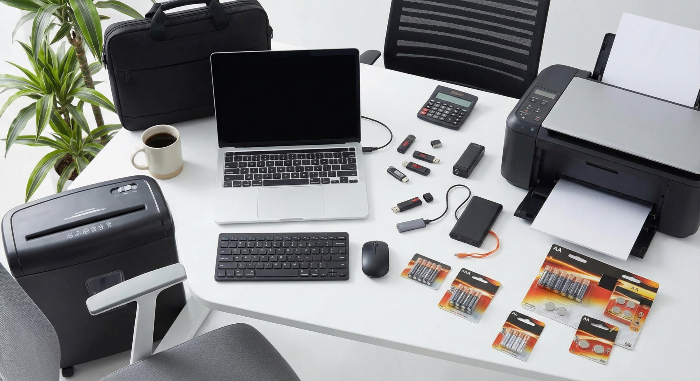 Smidiga och praktiska kontorsprodukter – allt från teknik och tillbehör till utskrift och datalagring för en effektiv arbetsdag. Arbetsbord med laptop, skrivare, dokumentförstörare, tangentbord, mus, minnesstickor, powerbank, batterier och kontorsväska i en modern kontorsmiljö.
